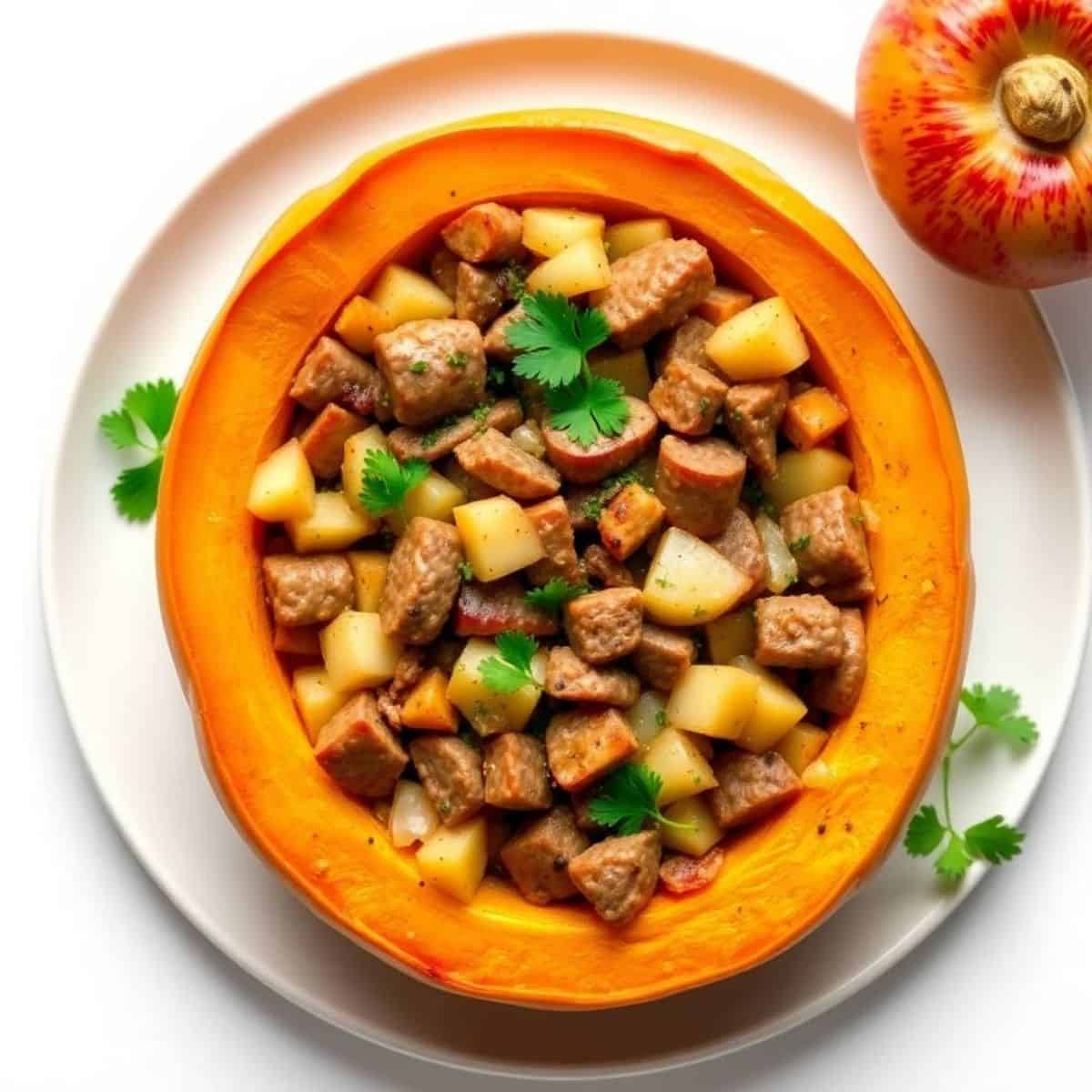 Delicious apple sausage stuffed butternut squash served in a hollowed-out squash bowl.