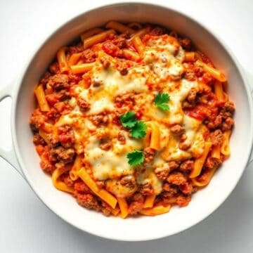 Delicious spaghetti Bolognese topped with melted cheese and fresh herbs.