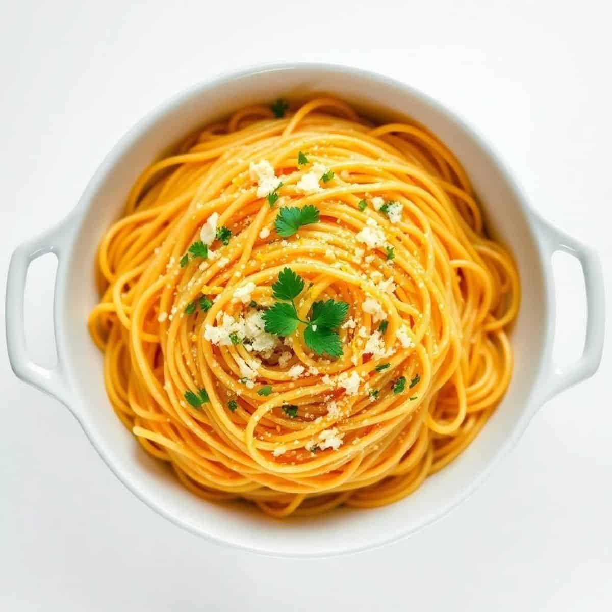 Delicious baked lemon spaghetti garnished with herbs and cheese in a white dish.