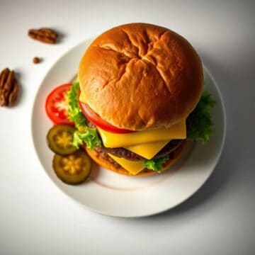 Delicious homemade burger featuring fresh lettuce, tomato, cheese, and a beef patty on a soft bun. P.