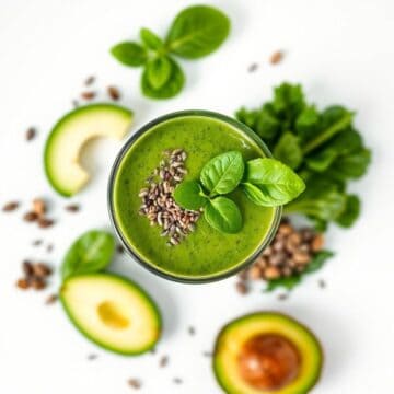Fresh green smoothie with avocado, basil, and seeds, perfect for a healthy lifestyle.