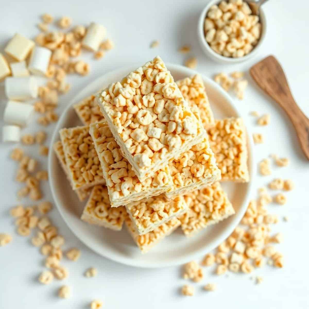 Delicious homemade Rice Krispie treats with crispy rice cereal and marshmallow topping.