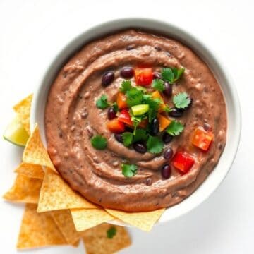 Creamy black bean dip garnished with cilantro and peppers in a white bowl.