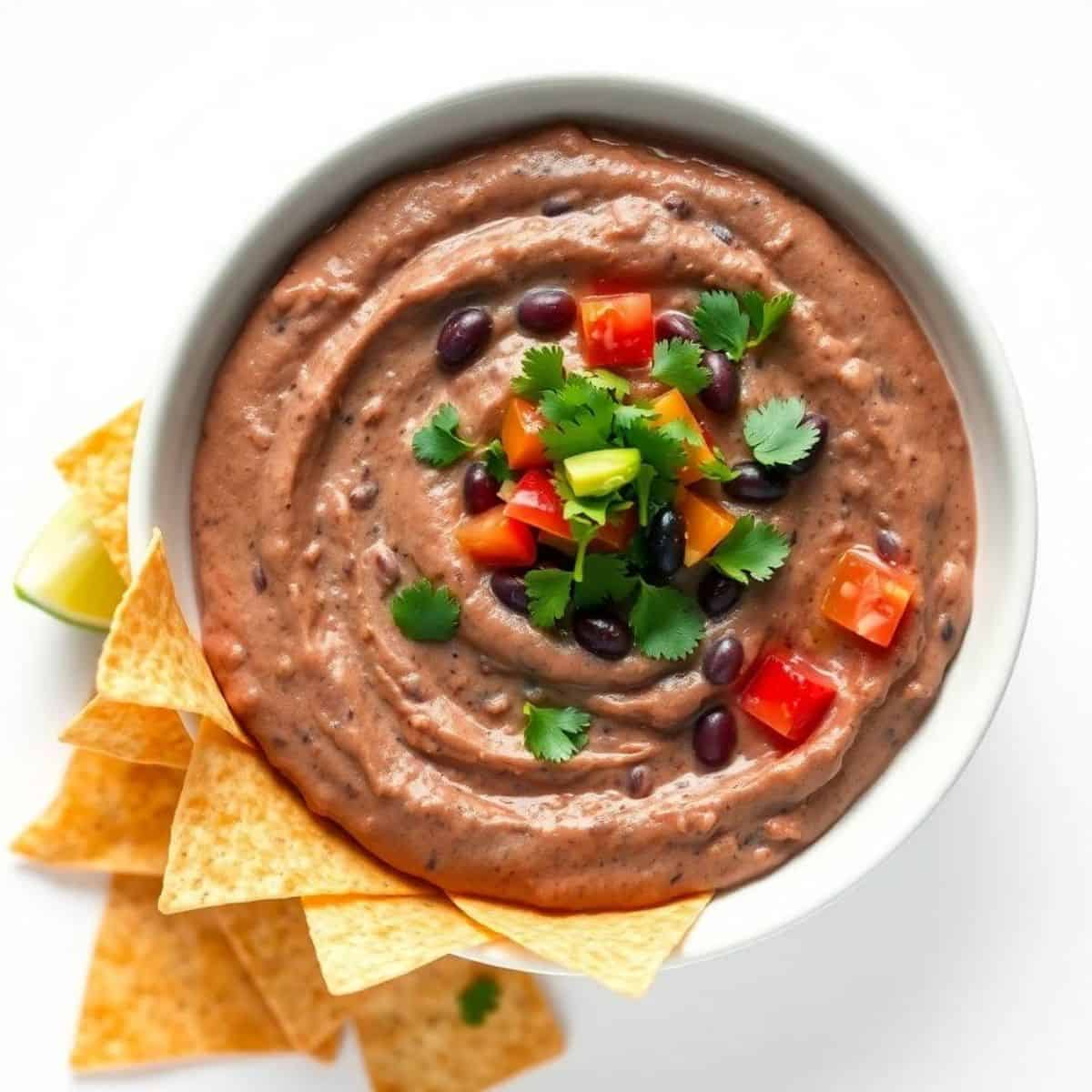 Creamy black bean dip garnished with cilantro and peppers in a white bowl.