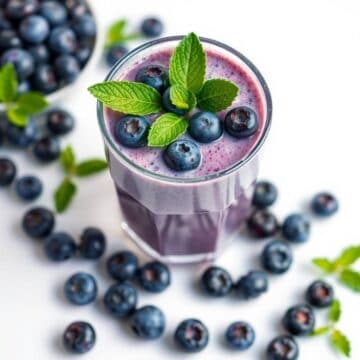 Refreshing blueberry smoothie garnished with mint leaves, surrounded by fresh blueberries.