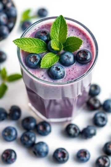 Refreshing blueberry smoothie garnished with mint leaves, surrounded by fresh blueberries.