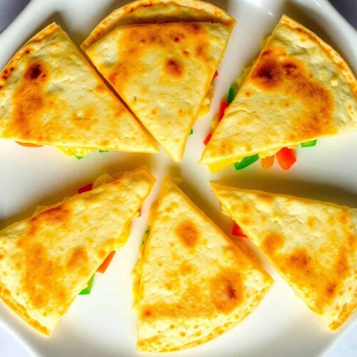 Delicious cheese quesadillas with colorful fillings on a white plate.