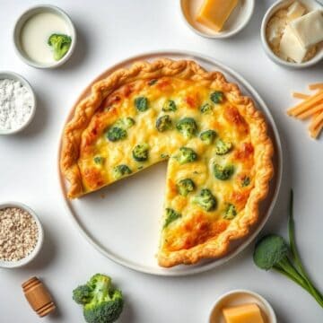 Delicious broccoli and cheese quiche with golden crust and melted cheese.