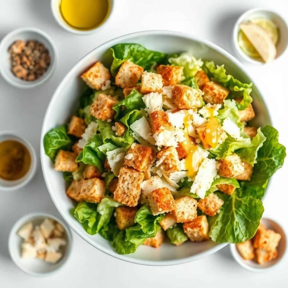 Fresh Caesar salad with croutons, egg, and lettuce in a white bowl.