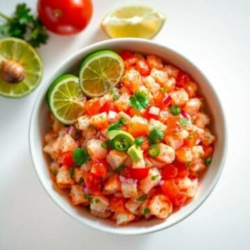 Fresh ceviche with shrimp, lime, and herbs in a white bowl.