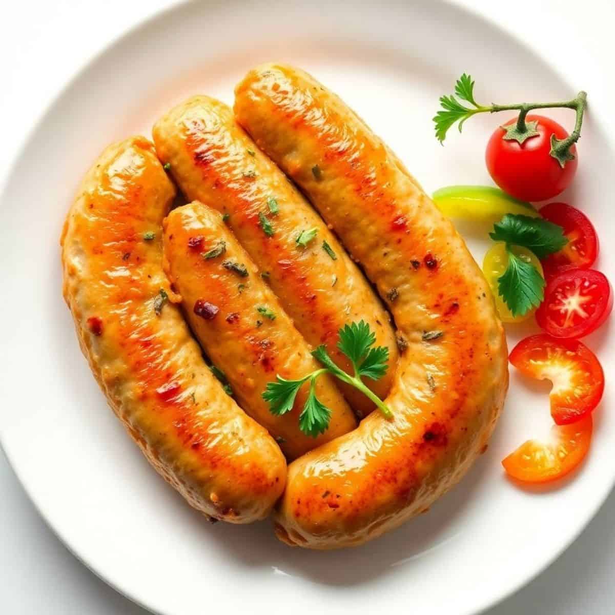 Juicy grilled chicken breakfast sausage links with fresh herbs and cherry tomatoes on a white plate.