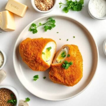 Delicious Chicken Kiev with herbs and melted butter filling on a white plate.
