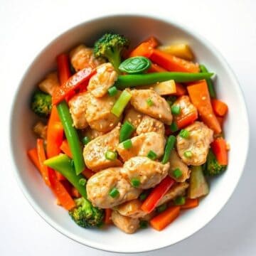 Delicious chicken stir fry with broccoli, carrots, and green onions in a white bowl.