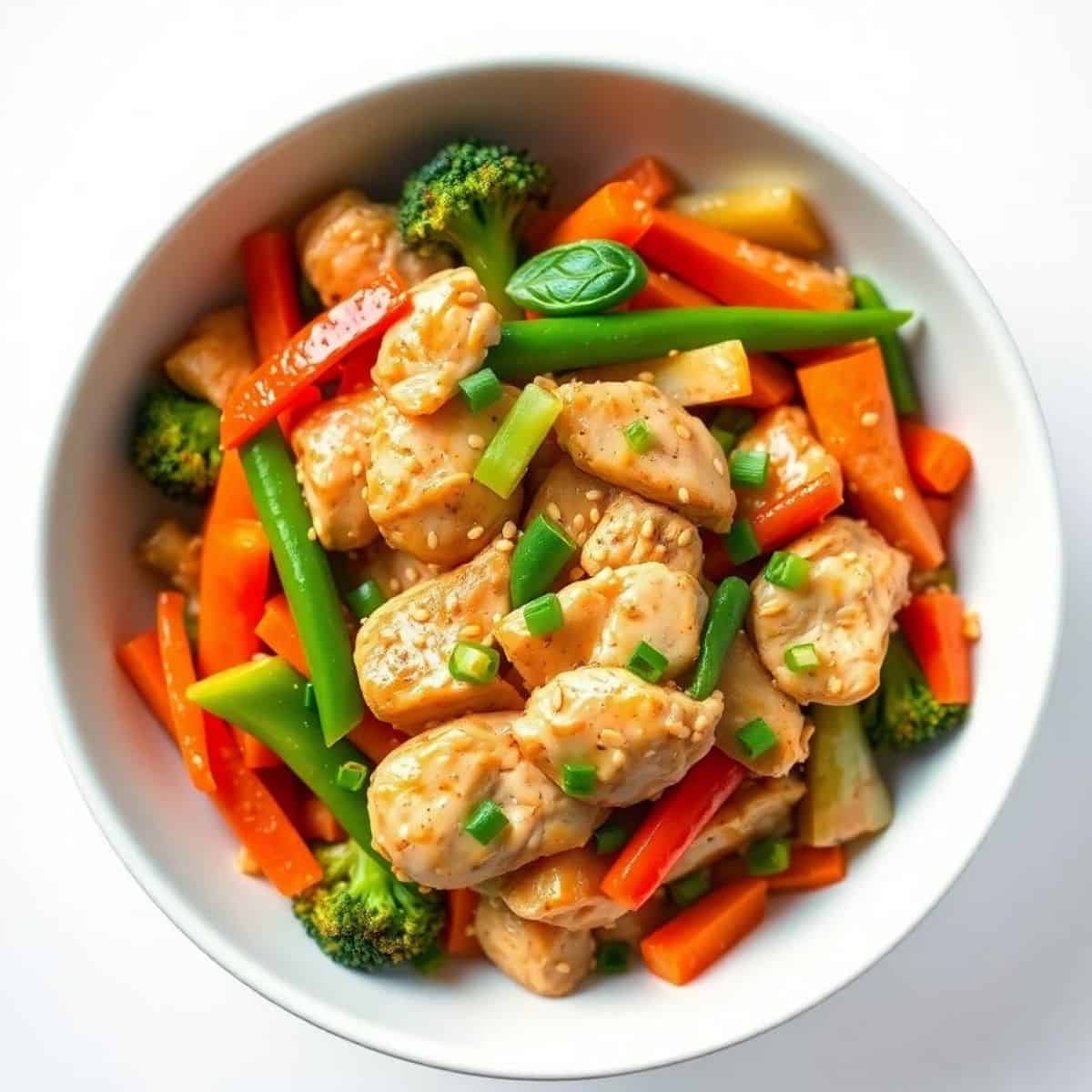 Delicious chicken stir fry with broccoli, carrots, and green onions in a white bowl.