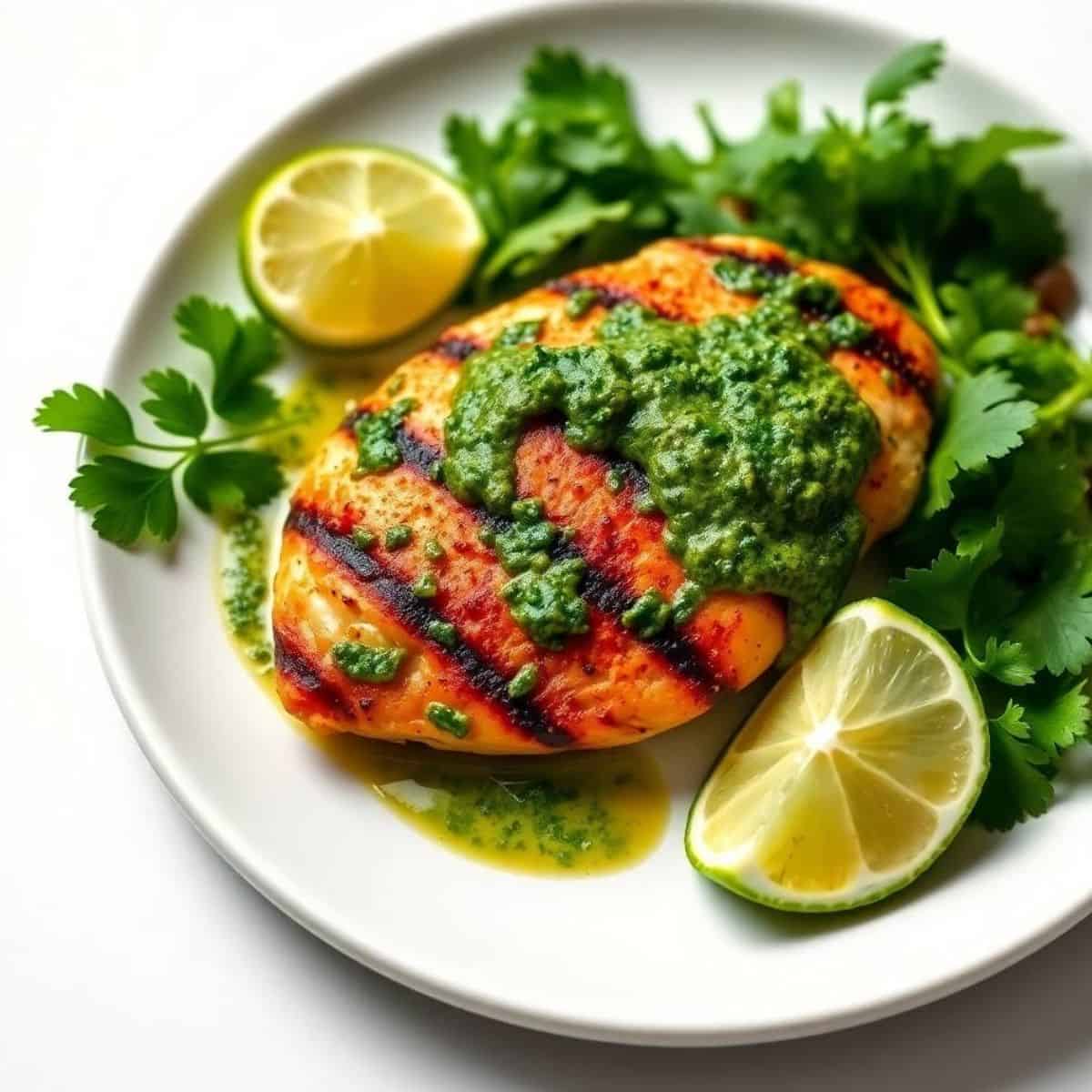 Juicy grilled chicken breast topped with vibrant chimichurri sauce, served with lime and fresh herbs.