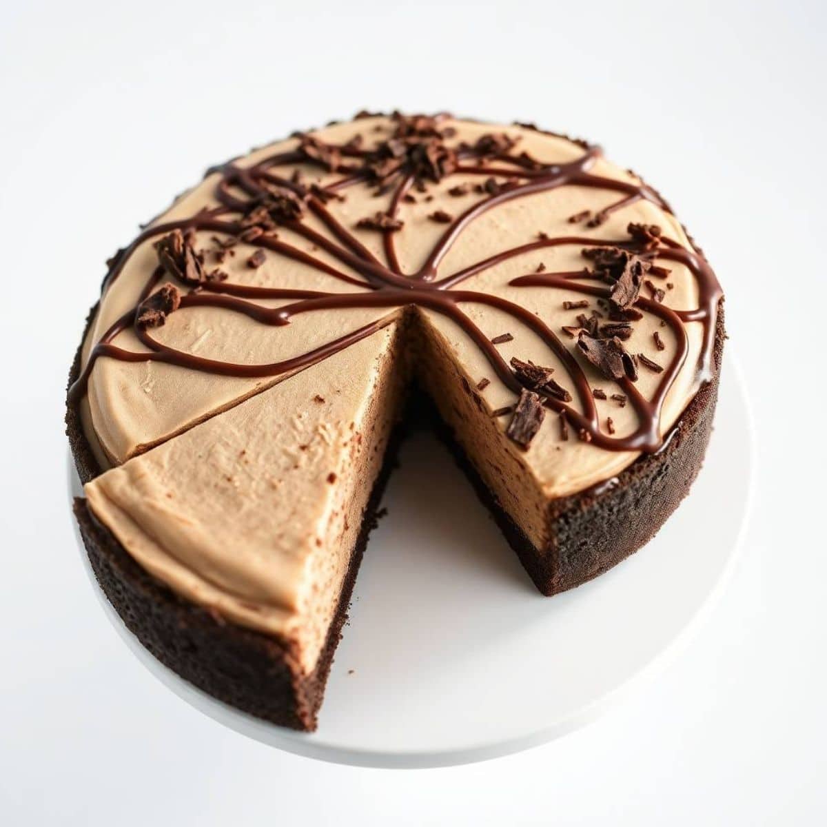 Delicious chocolate cheesecake cake with creamy layers and chocolate shavings on top. Perfect desser.