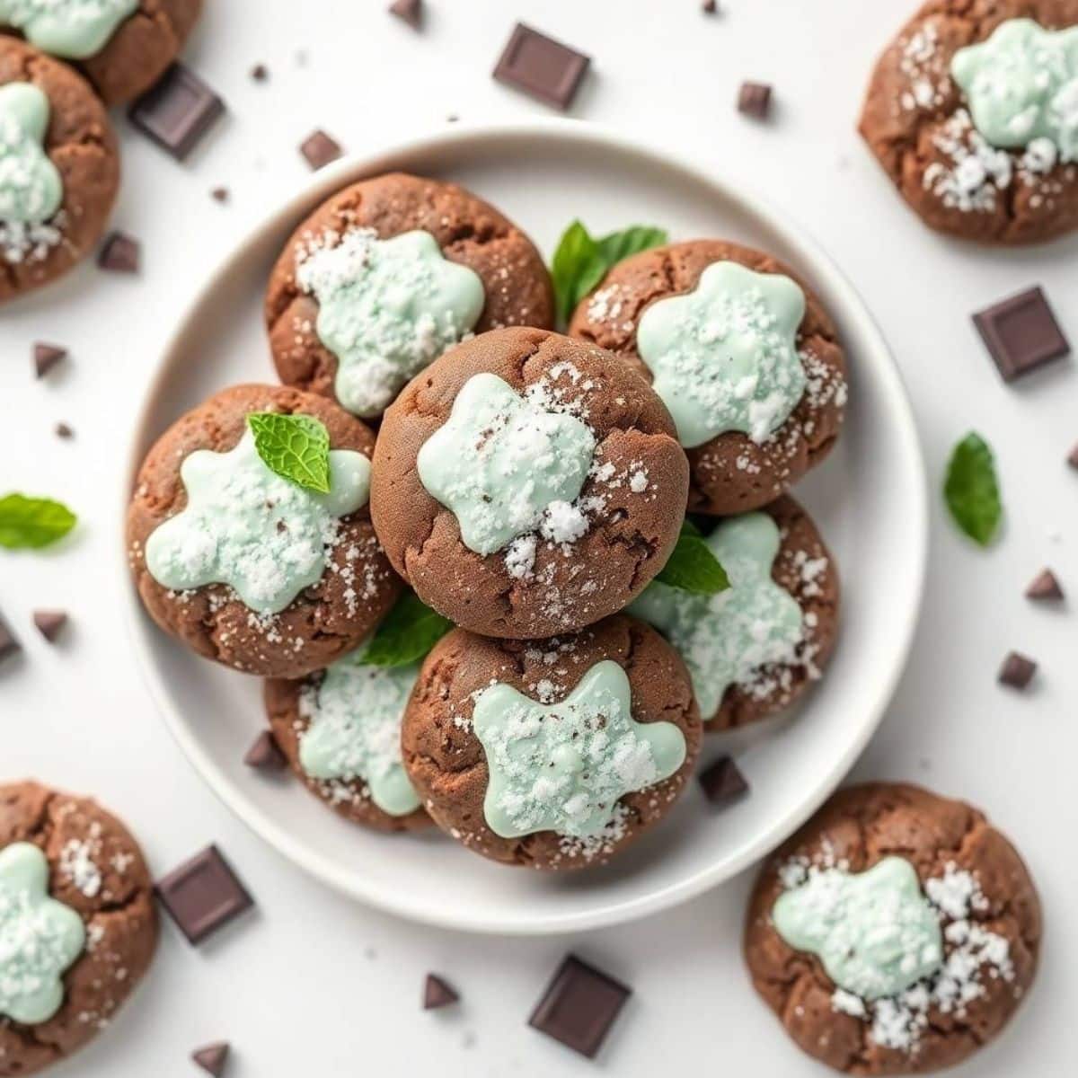 Delicious chocolate cookies topped with mint-flavored snow-like frosting and chocolate chunks.