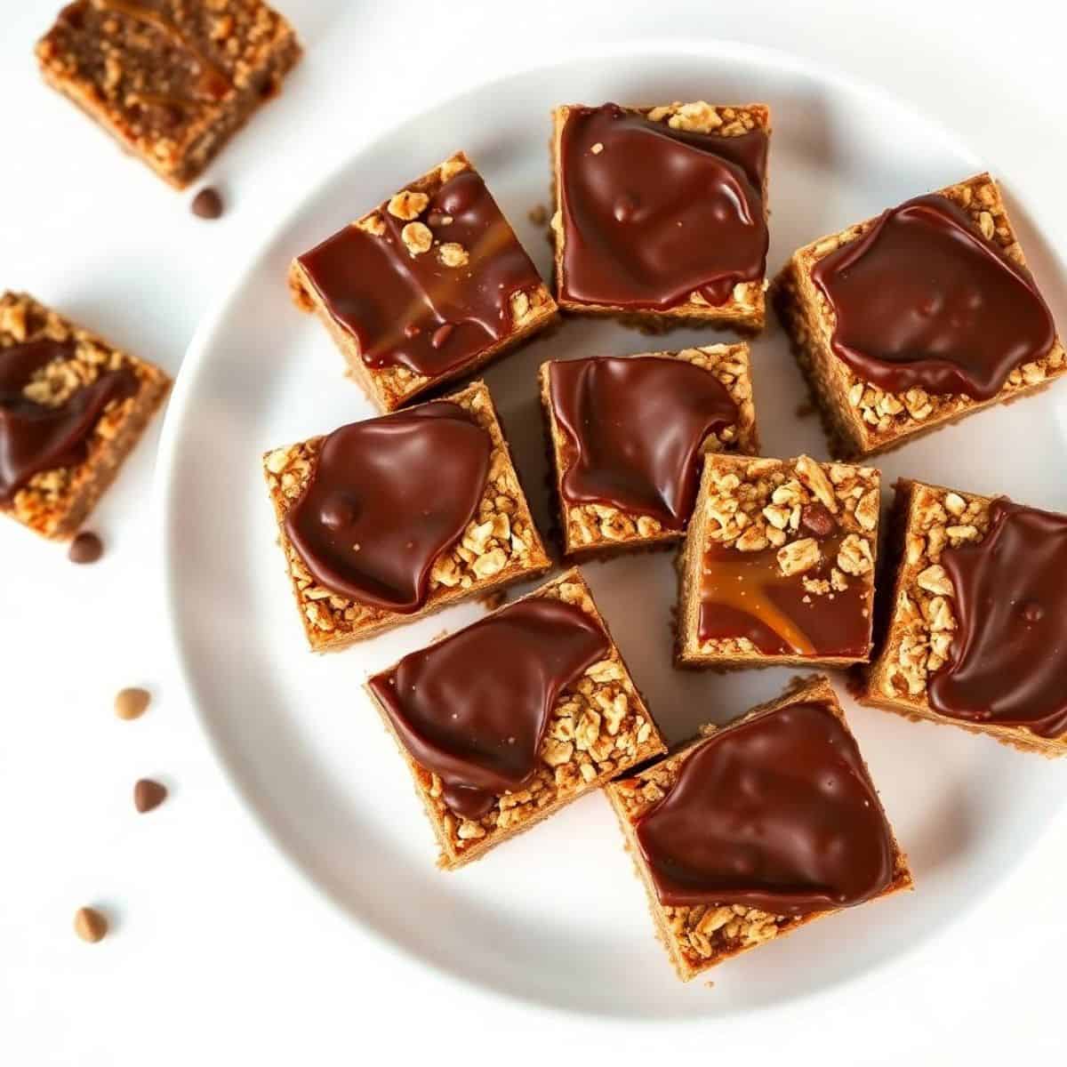 Delicious chocolate oatmeal caramelitas topped with chocolate glaze and crunchy oats.