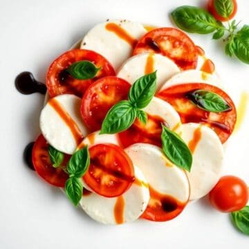 Caprese salad with fresh mozzarella, ripe tomatoes, basil leaves, and balsamic glaze. A delicious It.