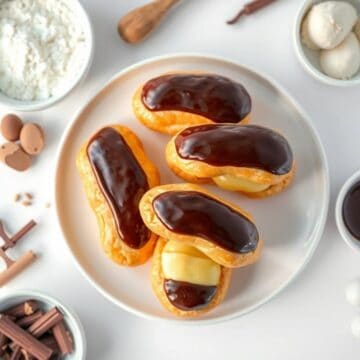 Delicious classic eclairs topped with rich chocolate glaze on a white plate.