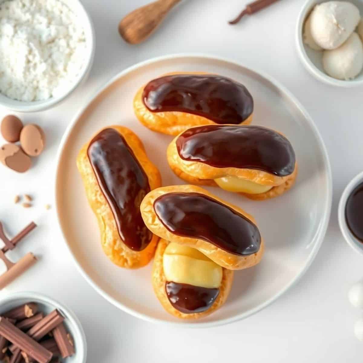 Delicious classic eclairs topped with rich chocolate glaze on a white plate.