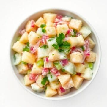 Creamy potato salad with diced potatoes, ham, and fresh herbs in a white bowl.