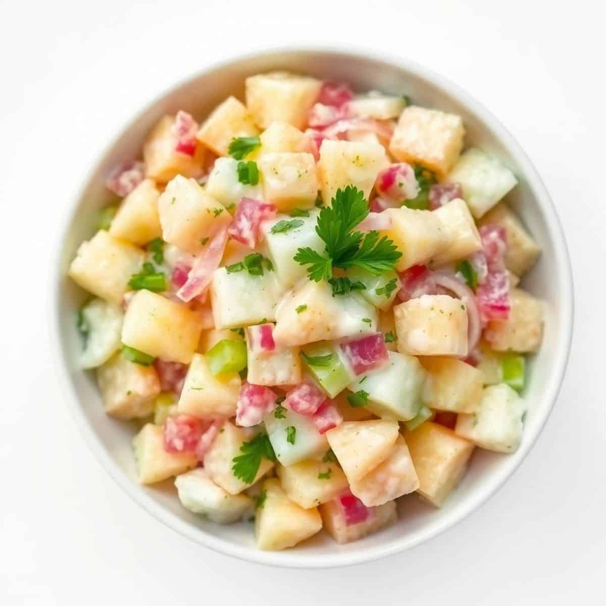 Creamy potato salad with diced potatoes, ham, and fresh herbs in a white bowl.