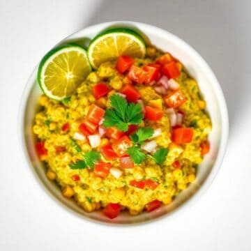 Colorful corn guacamole with fresh tomatoes, onions, and lime slices in a white bowl.