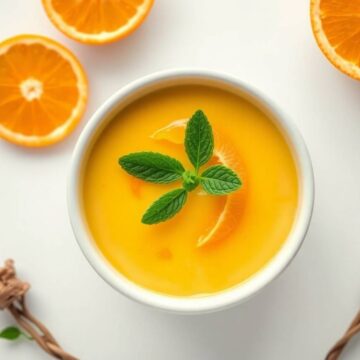 Delicious creamy orange custard garnished with fresh mint leaves. Perfect dessert for citrus lovers.