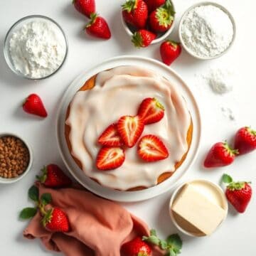 Delicious easy strawberry cake topped with fresh sliced strawberries and creamy icing, perfect for d.
