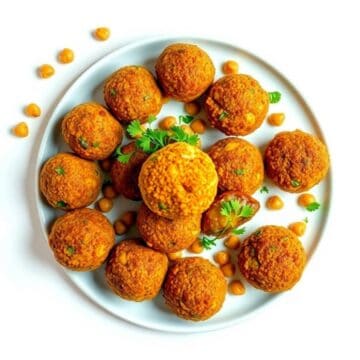 Crispy falafel balls with chickpeas and herbs on a white plate.