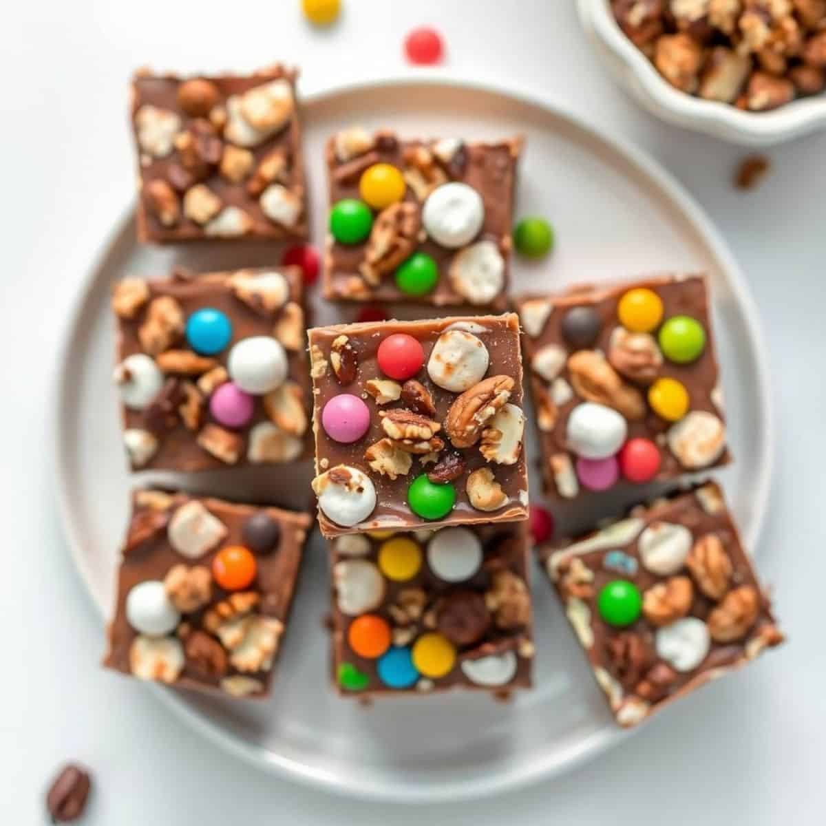 Delicious fantasy fudge topped with colorful candies and nuts, perfect for sweet cravings.