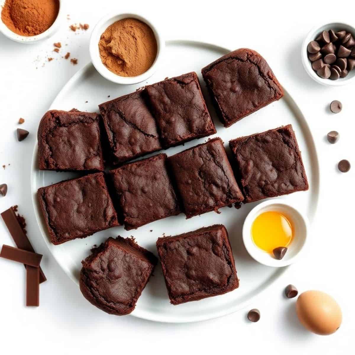 Delicious fudgy brownie squares with chocolate chips and cocoa powder on a white plate.