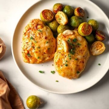 Delicious garlic Dijon chicken served with roasted Brussels sprouts on a white plate.