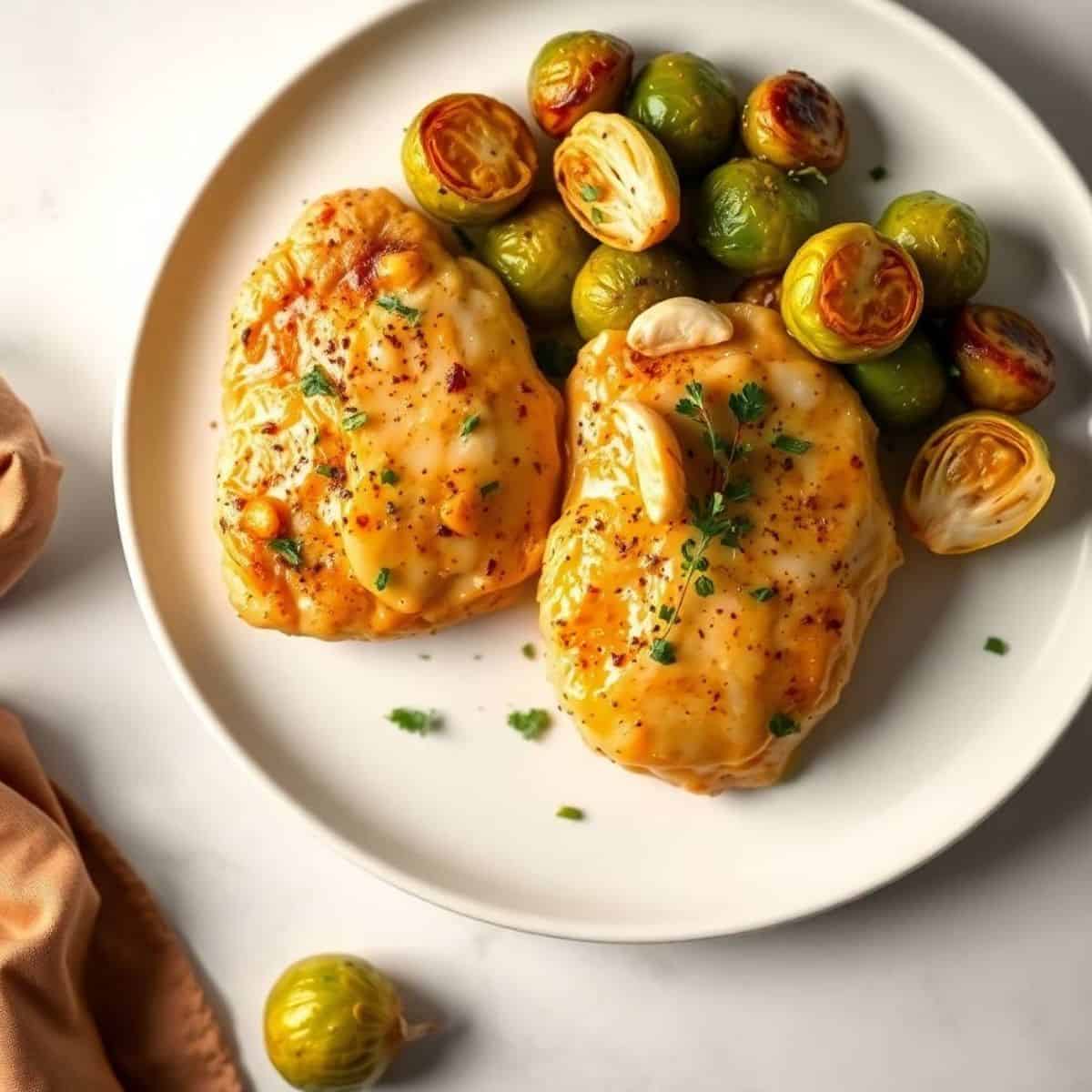 Delicious garlic Dijon chicken served with roasted Brussels sprouts on a white plate.