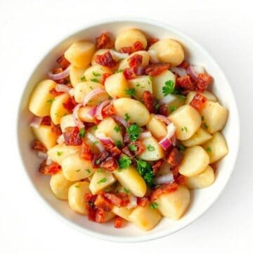 Delicious German potato salad with bacon, onions, and herbs in a white bowl.