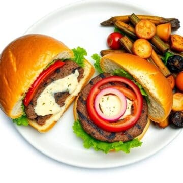 Delicious burgers filled with creamy Gorgonzola cheese, topped with fresh vegetables, served with ro.