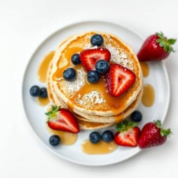Delicious Greek yogurt pancakes topped with fresh strawberries, blueberries, and a drizzle of honey.