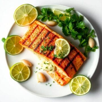 Delicious grilled salmon topped with garlic lime butter, garnished with fresh lime slices and herbs.