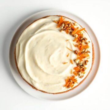 Delicious homemade carrot cake topped with smooth cream cheese frosting and garnished with shredded.