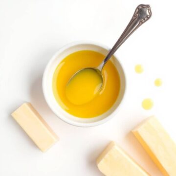 Fresh homemade ghee in a bowl with butter blocks around it.