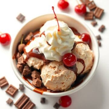 Delicious hot fudge sundae topped with whipped cream, cherries, and chocolate chunks, perfect for de.