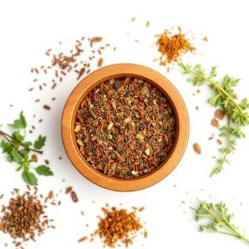 Italian seasoning mix in a wooden bowl with herbs and spices.