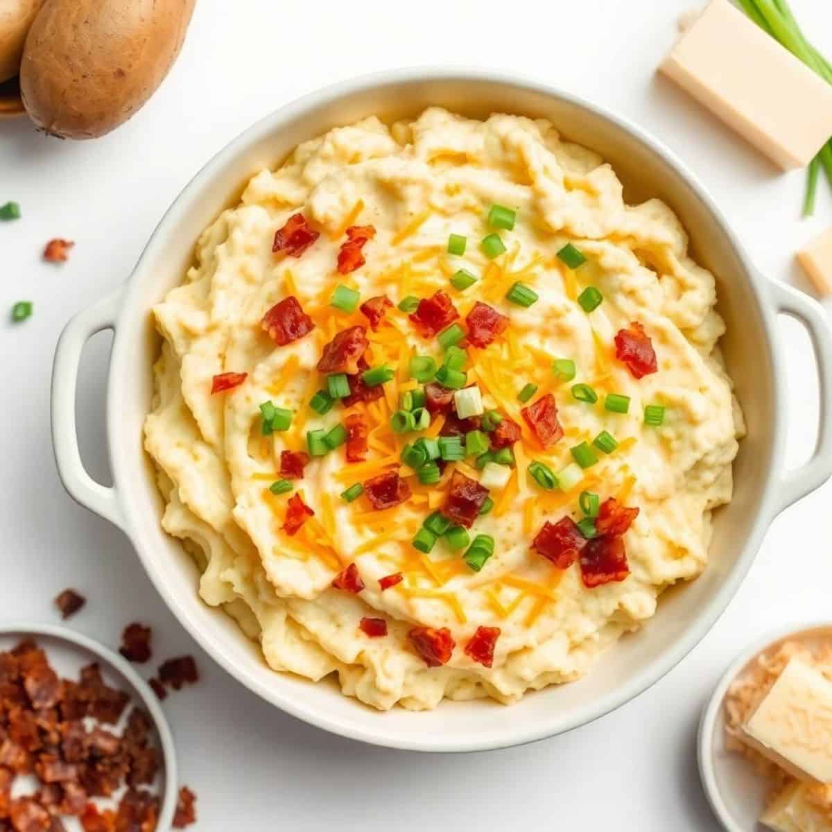 Delicious loaded mashed potato casserole topped with cheese, bacon, and green onions. Perfect comfor.