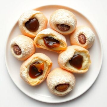 Delicious cookie bites filled with caramel, dusted with powdered sugar, on a white plate.