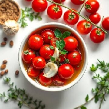 Fresh cherry tomatoes with herbs and garlic for marinated cherry tomatoes recipe.