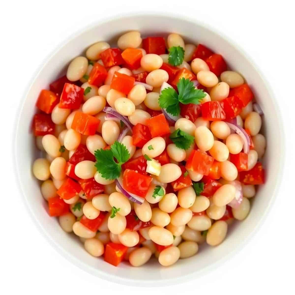 Healthy marinated white beans with fresh vegetables and herbs.