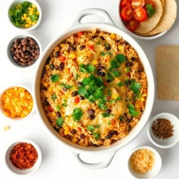 Delicious Mexican chicken casserole with melted cheese, black beans, and fresh cilantro. Perfect com.