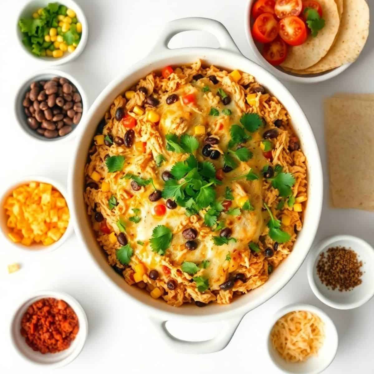 Delicious Mexican chicken casserole with melted cheese, black beans, and fresh cilantro. Perfect com.
