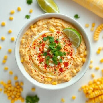 Creamy Mexican street corn dip with lime, cilantro, and spices in a white bowl.